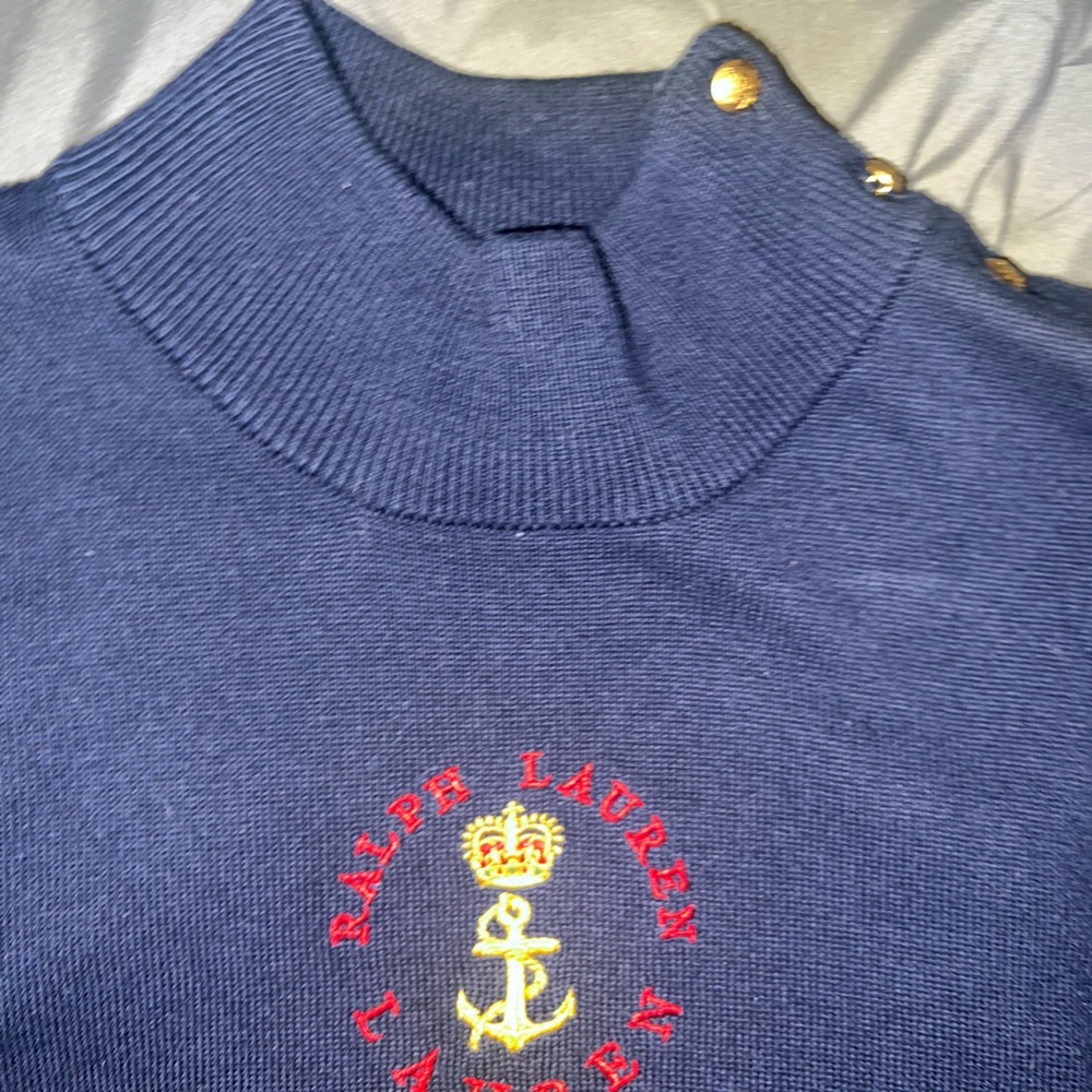 Ralph Lauren knit sweater with gold buttons on the left shoulder